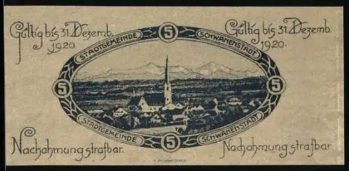 Notgeld Schwanenstadt 1920, 5 Heller, Stadtansicht mit Kirchturm und Alpen im Hintergrund