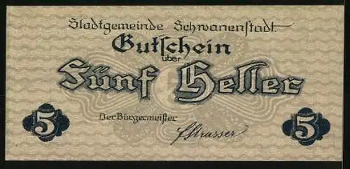 Notgeld Schwanenstadt 1920, 5 Heller, Stadtansicht mit Kirchturm und Alpen im Hintergrund