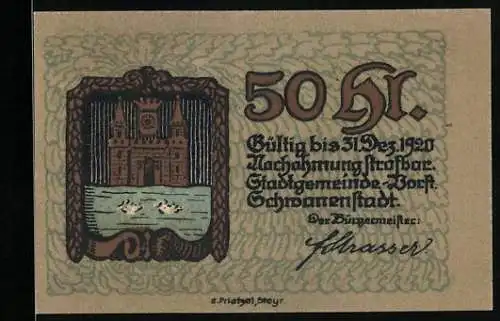 Notgeld Schwanenstadt 1920, 50 Heller, Stadtansicht mit Wappen und Stadtgebäude