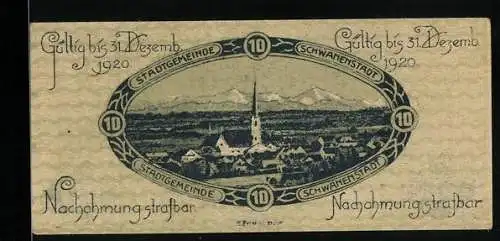 Notgeld Schwanenstadt 1920, 10 Heller, Stadtansicht mit Kirche und Bergen im Hintergrund