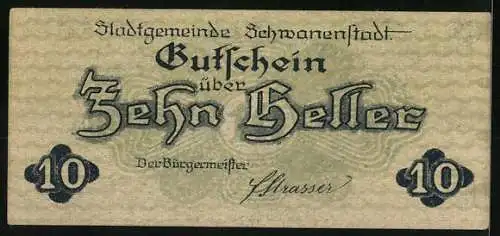 Notgeld Schwanenstadt 1920, 10 Heller, Stadtansicht mit Kirche und Bergen im Hintergrund