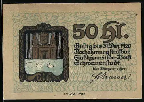 Notgeld Schwanenstadt 1920, 50 Heller, Stadtansicht mit historischem Gebäude und Flussmotiv