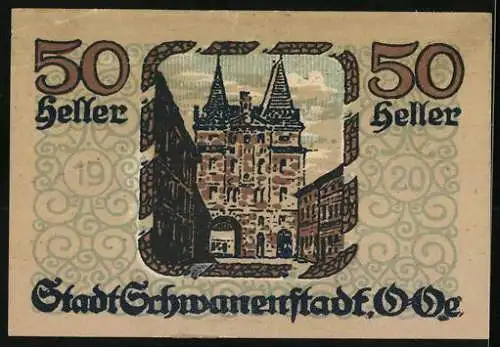 Notgeld Schwanenstadt 1920, 50 Heller, Stadtansicht mit historischem Gebäude und Flussmotiv