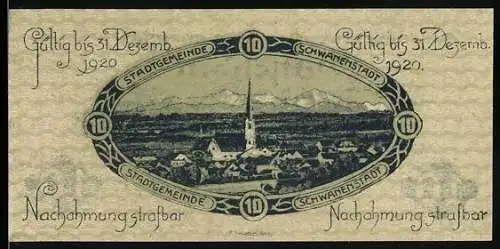 Notgeld Schwanenstadt 1920, 10 Heller, Stadtansicht mit Kirche und Bergen im Ovalrahmen