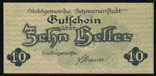 Notgeld Schwanenstadt 1920, 10 Heller, Stadtansicht mit Kirche und Bergen im Ovalrahmen