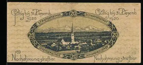 Notgeld Schwanenstadt 1920, 20 Heller, Stadtansicht mit Kirche und Bergen im Hintergrund