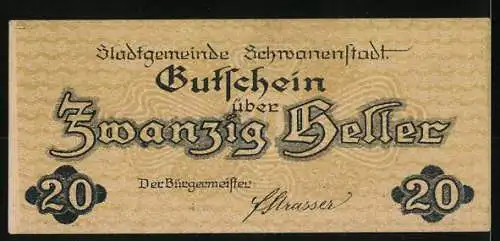 Notgeld Schwanenstadt 1920, 20 Heller, Stadtansicht mit Kirche und Bergen im Hintergrund