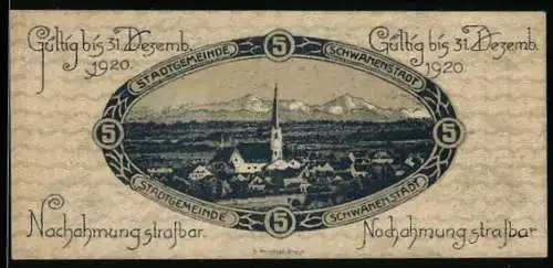 Notgeld Schwanenstadt 1920, 5 Heller, Stadtansicht mit Kirche und Bergen im Hintergrund