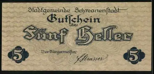 Notgeld Schwanenstadt 1920, 5 Heller, Stadtansicht mit Kirche und Bergen im Hintergrund