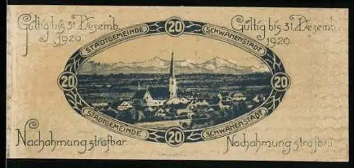 Notgeld Schwanenstadt 1920, 20 Heller, Stadtansicht mit Kirche und Bergen im Hintergrund