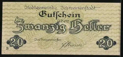 Notgeld Schwanenstadt 1920, 20 Heller, Stadtansicht mit Kirche und Bergen im Hintergrund