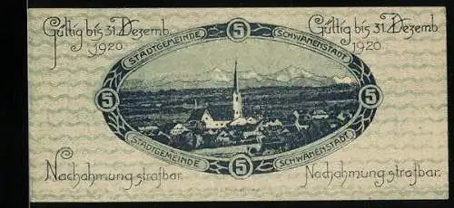 Notgeld Schwanenstadt 1920, 5 Heller, Stadtansicht mit Kirche und Alpenpanorama