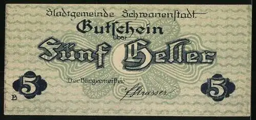 Notgeld Schwanenstadt 1920, 5 Heller, Stadtansicht mit Kirche und Alpenpanorama