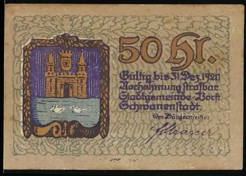 Notgeld Schwanenstadt 1920, 50 Heller, Stadttor und Gewässer mit Schwänen, gültig bis 31. Dez. 1920