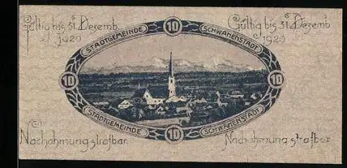 Notgeld Schwanenstadt 1920, 10 Heller, Stadtansicht mit Kirche und Berglandschaft