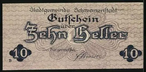 Notgeld Schwanenstadt 1920, 10 Heller, Stadtansicht mit Kirche und Berglandschaft