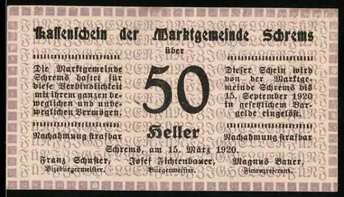 Notgeld Schrems 1920, 50 Heller, Textauszug mit Datum und Unterschriften, rückseitiger Stempelabdruck