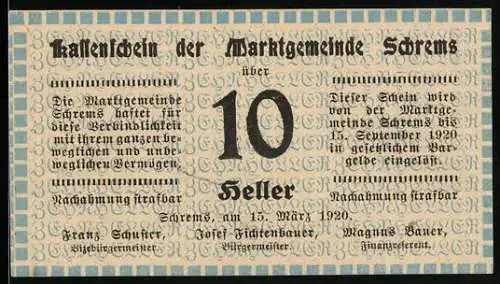 Notgeld Schrems 1920, 10 Heller, Textmotiv mit Ausgabe- und Einlösedatum