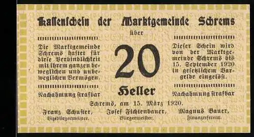 Notgeld Schrems 1920, 20 Heller, mit Marktsiegel und Garantieerklärung der Markgemeinde