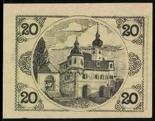 Notgeld Schörfling am Attersee 1920, 20 Heller, Schlossansicht und Burgtor im Ornamentkreis