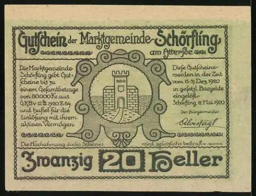 Notgeld Schörfling am Attersee 1920, 20 Heller, Schlossansicht und Burgtor im Ornamentkreis