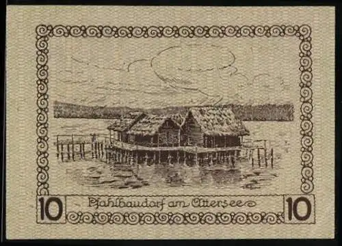 Notgeld Schörfling 1920, 10 Heller, Pfahlbaudorf am Attersee, Burgmotiv mit Schriftzug