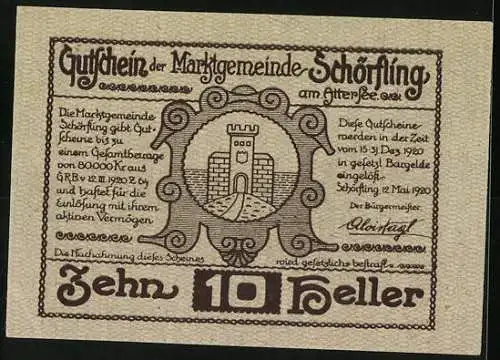 Notgeld Schörfling 1920, 10 Heller, Pfahlbaudorf am Attersee, Burgmotiv mit Schriftzug