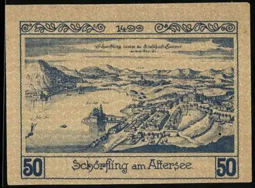 Notgeld Schörfling am Attersee 1920, 50 Heller, Stadtansicht und Burgturm-Motiv