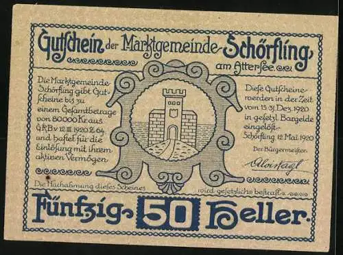 Notgeld Schörfling am Attersee 1920, 50 Heller, Stadtansicht und Burgturm-Motiv