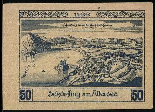 Notgeld Schörfling am Attersee, 50 Heller, Stadtansicht und Wappen mit Burgturm, 1499