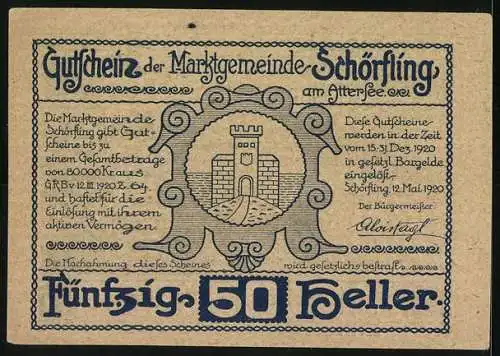 Notgeld Schörfling am Attersee, 50 Heller, Stadtansicht und Wappen mit Burgturm, 1499