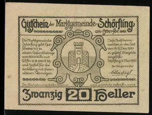 Notgeld Schörfling 1920, 20 Heller, Burgmotiv und architektonische Zeichnung