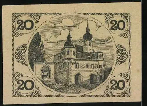 Notgeld Schörfling 1920, 20 Heller, Burgmotiv und architektonische Zeichnung