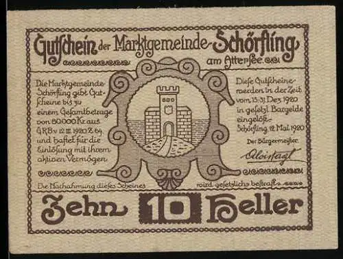 Notgeld Schörfling 1920, 10 Heller, Pfahlbaudorf am Attersee und Burgtor-Motiv