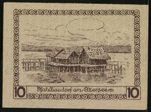 Notgeld Schörfling 1920, 10 Heller, Pfahlbaudorf am Attersee und Burgtor-Motiv