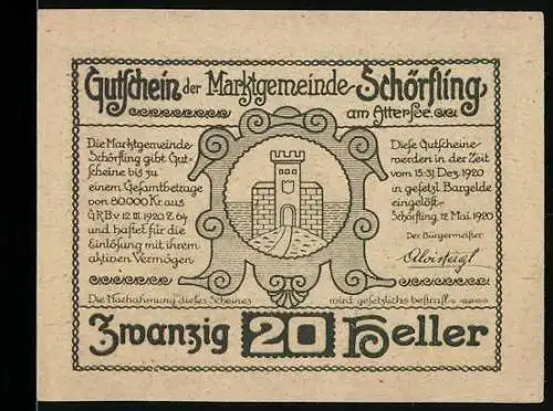 Notgeld Schörfling 1920, 20 Heller, Burgtor und Schlossansicht