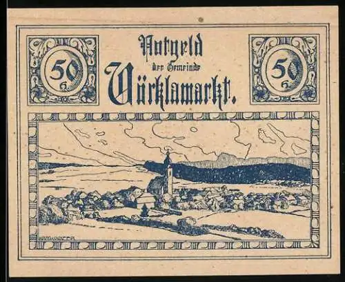 Notgeld Vöcklamarkt 1920, 50 Heller, Dorfszene mit Kirche und Landschaft