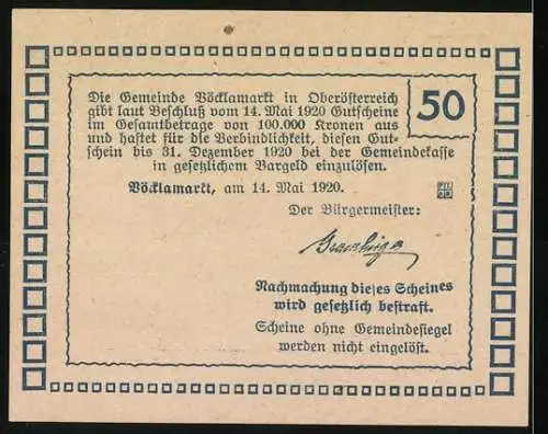 Notgeld Vöcklamarkt 1920, 50 Heller, Dorfszene mit Kirche und Landschaft