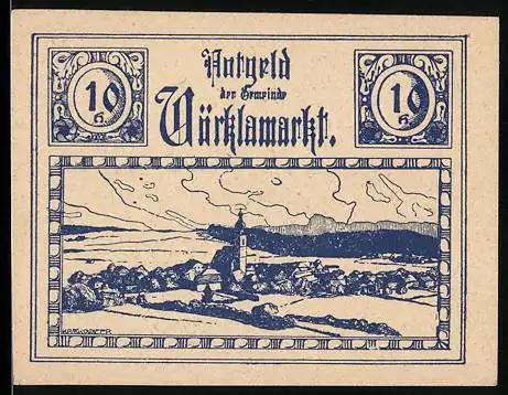 Notgeld Vöcklamarkt 1920, 10 Heller, Dorflandschaft mit Kirche