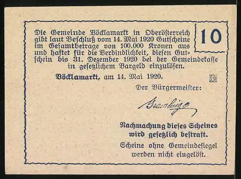 Notgeld Vöcklamarkt 1920, 10 Heller, Dorflandschaft mit Kirche