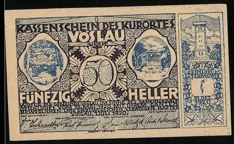 Notgeld Vöslau 1920, 50 Heller, Landschaftsmotive und Wappen mit Baum und Fass