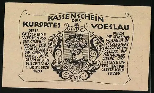 Notgeld Vöslau 1920, 50 Heller, Landschaftsmotive und Wappen mit Baum und Fass