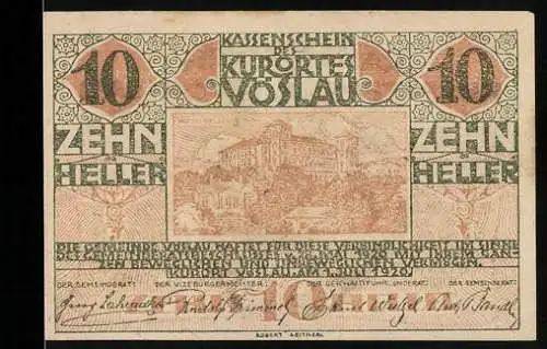 Notgeld Vöslau 1920, 10 Heller, Landschaftsmotiv und Wappen mit Baum und Fass