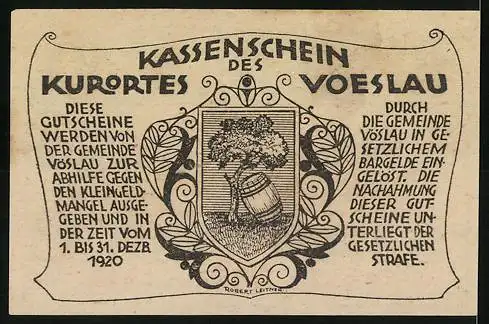 Notgeld Vöslau 1920, 10 Heller, Landschaftsmotiv und Wappen mit Baum und Fass