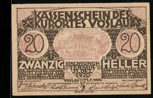 Notgeld Vöslau 1920, 20 Heller, Architekturmotiv und Wappen mit Baum und Fass