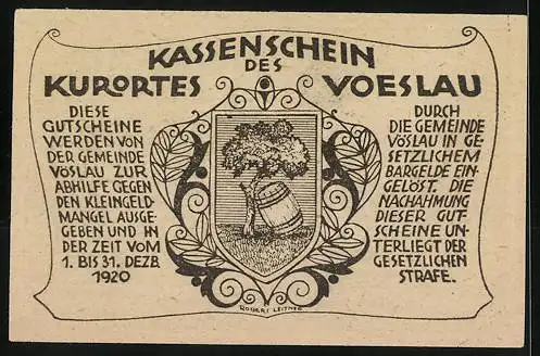 Notgeld Vöslau 1920, 20 Heller, Architekturmotiv und Wappen mit Baum und Fass