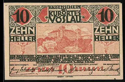 Notgeld Vöslau 1920, 10 Heller, Hotel Bellevue und Wappen mit Baum und Fass