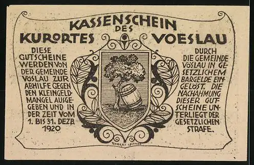 Notgeld Vöslau 1920, 10 Heller, Hotel Bellevue und Wappen mit Baum und Fass