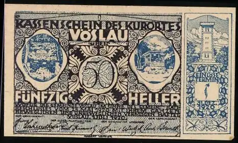 Notgeld Vöslau 1920, 50 Heller, Landschaftsmotive und Wappen mit Eichenbaum und Fass