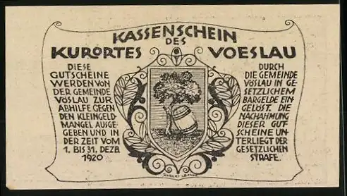 Notgeld Vöslau 1920, 50 Heller, Landschaftsmotive und Wappen mit Eichenbaum und Fass